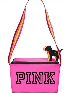 PINK Victoria's Secret Neon Pink Mini Cooler Tote with Striped Shoulder Strap